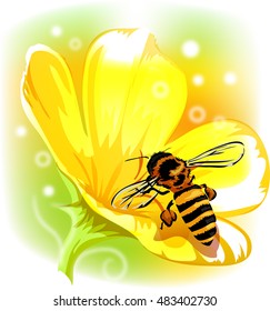 Whimsical Animal Illustration of a Honeybee Sucking Nectar from a Yellow Flower