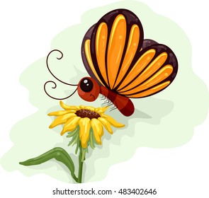 Whimsical Animal Illustration of a Yellow Butterfly Fluttering Above a Sunflower