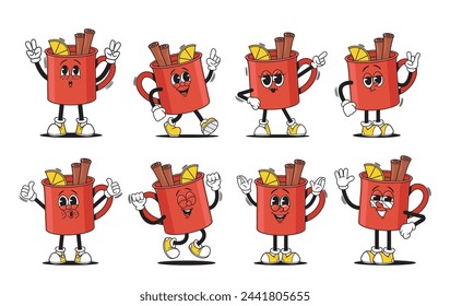 Whimsical Animation Set Featuring Groovy Tea Or Coffee Cup That Dance And Move. Vector Collection Of Red Porcelain Mug