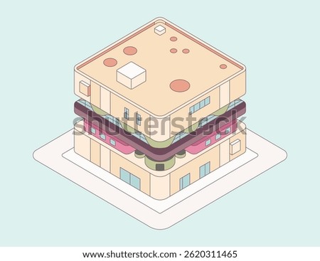 A whimsical architectural marvel, intricately designed to mimic the layers of a culinary sandwich, each floor representing a different ingredient of the sandwich, and set against a pastel backdrop.