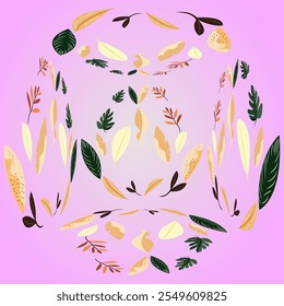 A whimsical arrangement of leaves in various sizes and shapes playfully scattered across a soft pink background