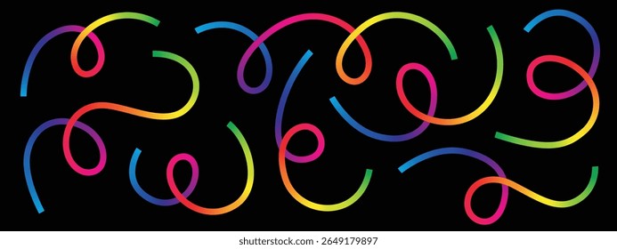 Whimsical arrangement of rainbow-colored ribbons. These vibrant strands twist and curve against the stark black background, creating a festive, energetic, and eye-catching display.