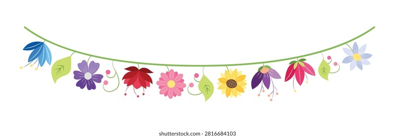 A whimsical arrangement of various stylized flowers and leaves strung along a curved green vine, perfect for celebrations. Decorative garland of colorful cartoon flowers and leaves on a green vine
