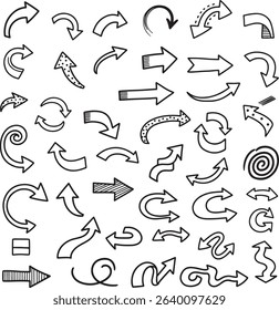 Whimsical arrow doodles in hand-drawn vector style featuring playful loops, spirals, and curves for decorating infographics, journals, and creative layouts

