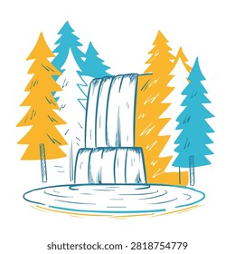 A whimsical artistic depiction of a multi tiered waterfall surrounded by abstract pine trees in blue and yellow tones