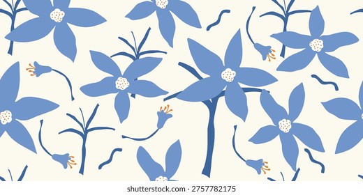 A whimsical and artistic seamless pattern featuring stylized blue flowers and playful wavy lines, perfect for decorative applications