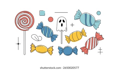 Whimsical assortment of colorful halloween candies and a cute ghost character illustration