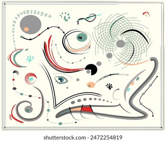 A whimsical assortment of various shapes and lines in a abstract composition  with a playful mixture of curves, circles, and dots in a muted color palette.