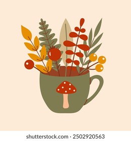 Whimsical Autumn Mug Bouquet with Vibrant Leaves and Berries Illustration.