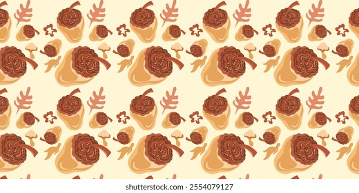 A whimsical autumn pattern featuring stylized walnuts, mushrooms, and leaves on a soft cream background.