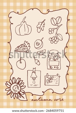 Whimsical Autumn poster. Fall card, hand drawn line art illustration. Cozy Autumn breakfast cafe wall art. Fall aesthetic stamp design. Cozy cottagecore autumn stamp frame card, vector background