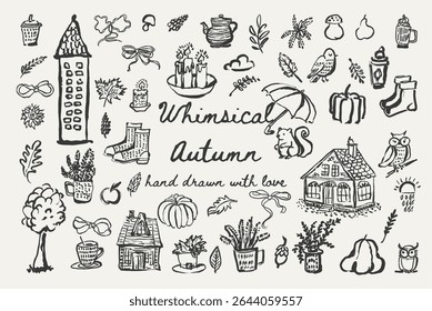 Whimsical autumn vector with cozy houses, pumpkins, boots, bows, tea, and florals. Great for seasonal cards, posters, prints, and home decor. Vector illustration.