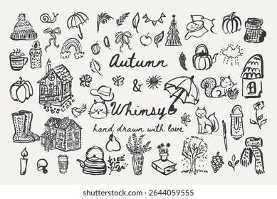 Whimsical autumn vector set with rainbow, cat, scarf, book, embroidery, snail and cozy items. Ideal for seasonal prints and creative design. Vector illustration.