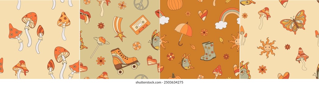 A whimsical autumn vibe seamless pattern in retro style with mushrooms, pumpkins, leaves, umbrellas, roller skates and peace signs. Warm orange and beige tones.