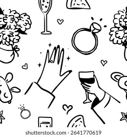 Whimsical bachelorette party seamless pattern tile, girls night party repeat background, hand drawn line art