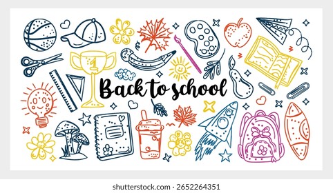 Whimsical Back to School hand drawn vector set line art chalk and charcoal with cute autumn school supplies, cozy learning elements and fun doodles. Perfect for stickers, prints, crafts and design.