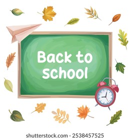 Whimsical back-to-school board featuring paper planes, a clock, and colorful leaves. Perfect for educational materials, classroom decor, and fun school projects!