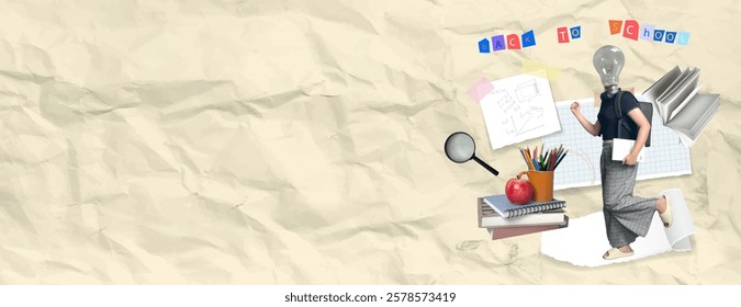 A whimsical back-to-school collage depicting a student with a light bulb head, surrounded by educational tools and elements, perfect for promoting creativity and learning.