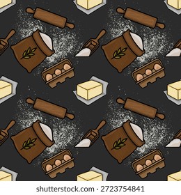 Whimsical Backzutaten Vektormuster mit Mehl, Eiern, Butter und Rollstiften