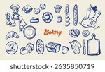 Whimsical baking set with chef, ingredients and tools in sketch style. Vintage culinary process, cozy kitchen, bakery branding. Hand drawn vector illustration