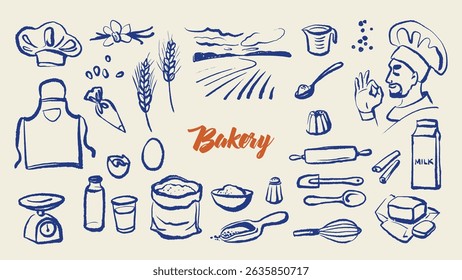 Whimsical baking set with chef, ingredients and tools in sketch style. Vintage culinary process, cozy kitchen, bakery branding. Hand drawn vector illustration