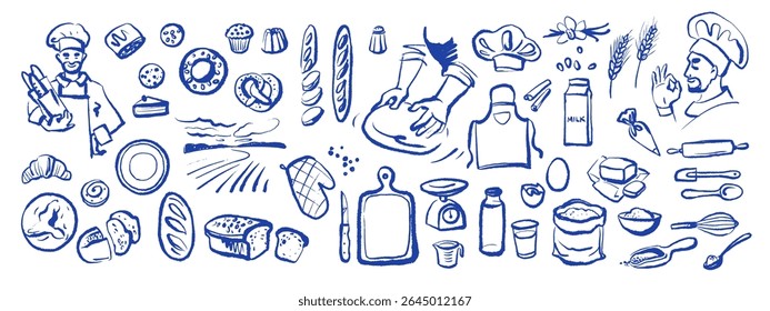 Whimsical baking set with chef, ingredients and tools in sketch style. Vintage culinary process, cozy kitchen, bakery branding. Hand drawn vector illustration