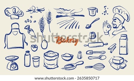 Whimsical baking set with chef, ingredients and tools in sketch style. Vintage culinary process, cozy kitchen, bakery branding. Hand drawn vector illustration
