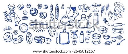 Whimsical baking set with chef, ingredients and tools in sketch style. Vintage culinary process, cozy kitchen, bakery branding. Hand drawn vector illustration