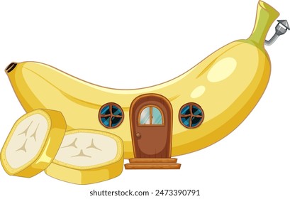 Whimsical banana house with sliced banana pieces