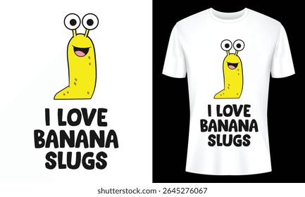 Whimsical banana slug design printed on a white t-shirt. Perfect for nature enthusiasts, quirky fashion, and fun gifts. Unique and eye-catching apparel.