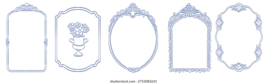 Whimsical baroque frames and renaissance borders. Oval, arch and rectangle shapes with vintage victorian elegance decorated with whimsy lines and squiggles for wedding and birthday invitation cards.