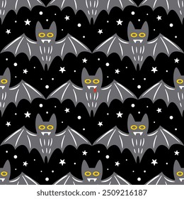 Whimsical Bat Pattern Design Ideal for Bringing a Unique Touch to Your Halloween Decor. Seamless pattern for wallpaper, fabric, wrapping, background.