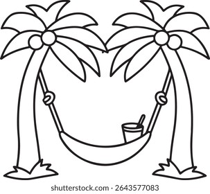 Whimsical Beach Getaway Illustration with Palm Trees, Hammock, and Tropical Drink, perfect for coloring pages, playful designs, and summertime themes with a cheerful, vacation vibe