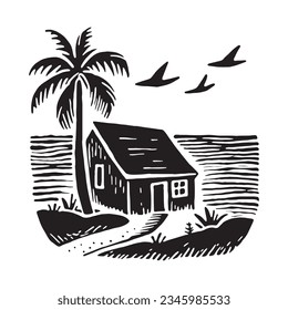 Whimsical beach hut block print illustration for tropical travel concept. Vector coastal house with palm tree stylized for holiday.
