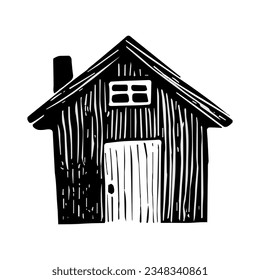 Whimsical beach hut block print illustration for tropical travel concept. Vector coastal house stylized for holiday.