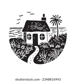 Whimsical beach hut block print illustration for tropical travel concept. Vector coastal house with palm tree stylized for holiday.