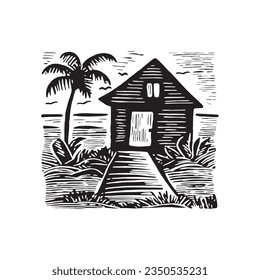 Whimsical beach hut block print illustration for tropical travel concept. Vector coastal house with palm tree stylized for holiday.