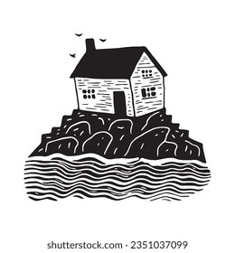 Whimsical beach hut block print illustration for tropical travel concept. Vector coastal house stylized for holiday.