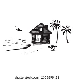 Whimsical beach hut block print illustration for tropical travel concept. Vector coastal house with palm tree stylized for holiday.