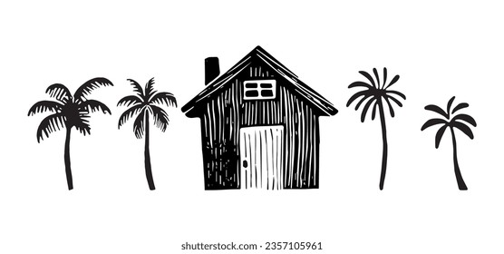 Whimsical beach hut block print illustration for tropical travel concept. Vector coastal house with palm tree stylized for holiday.