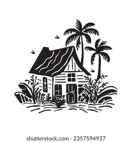 Whimsical beach hut block print illustration for tropical travel concept. Vector coastal house with palm tree stylized for holiday.