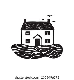 Whimsical beach hut block print illustration for tropical travel concept. Vector coastal house stylized for holiday.