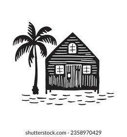 Whimsical beach hut block print illustration for tropical travel concept. Vector coastal house with palm tree stylized for holiday.