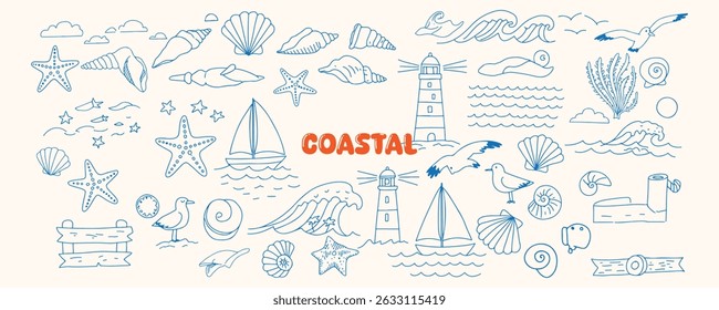 Whimsical beach and ocean doodle icons in hand drawn style including starfish, sea shells, marine animals, boats, waves, and shoreline elements

