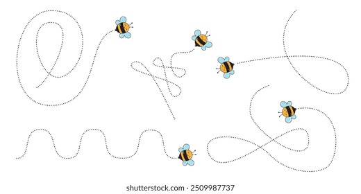 Whimsical Bee Journeys. Dotted Flight Trails Creating Beautiful Patterns of Spirals, Curves, and Hearts