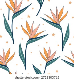 Whimsical Bird of Paradise seamless pattern with playful elements and soft colors on white concept as Playful whimsical Bird of Paradise flowers with soft pastel colors creating fun seamless pattern ideal for creative projects in Photo Stock Concept and empty space on the left side,no text --ar 7:2 --tile
