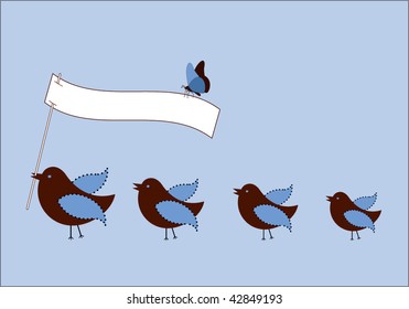 whimsical birds with flag and butterfly