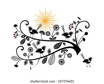 Whimsical birds foliage and sunshine