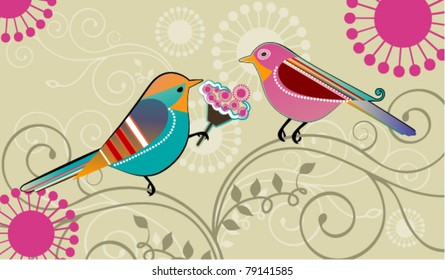 Whimsical birds ; Male bird presenting a bouquet of flowers