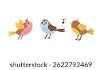 Whimsical Birds Vector Set. Cartoon Colorful Songbird Finch illustrations collection. Wildlife baby animals with feather wings in Flat style. 